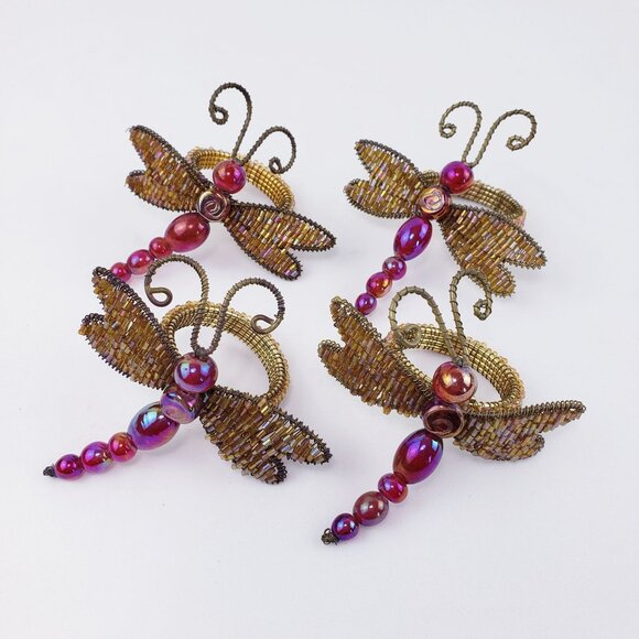 4 Pier One Beaded Dragonfly Napkin Rings  Gold Wire Wings & Red Glass Beads - Picture 1 of 7